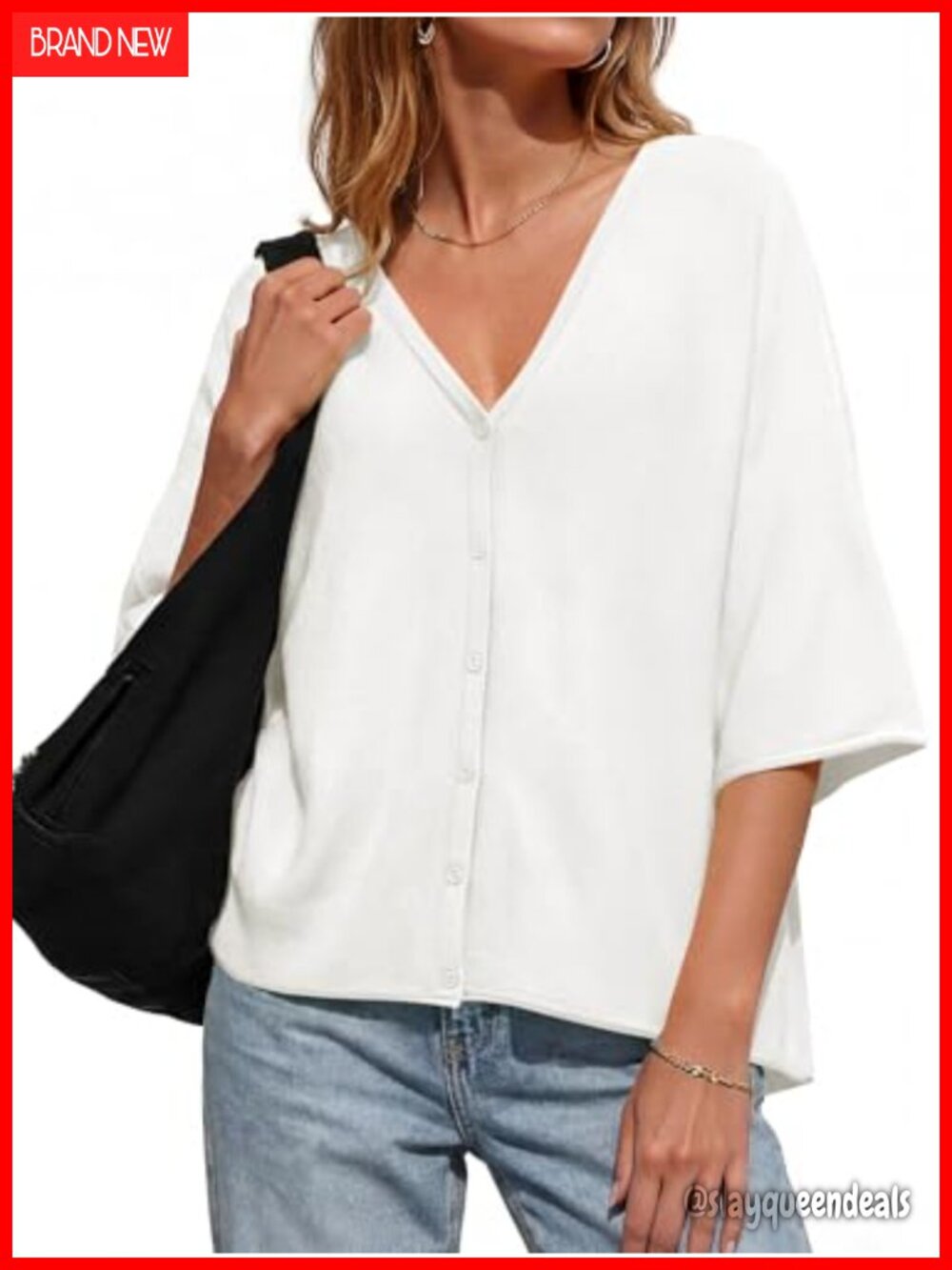 Womens V Neck Half Sleeve Cardigan Button Down Knit Top